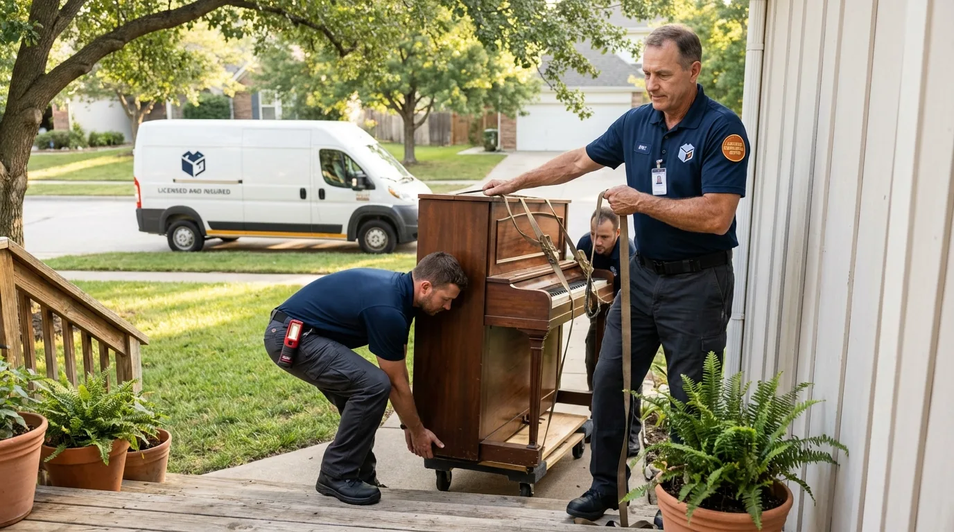 Licensed piano movers securing grand piano in Walnut, IL