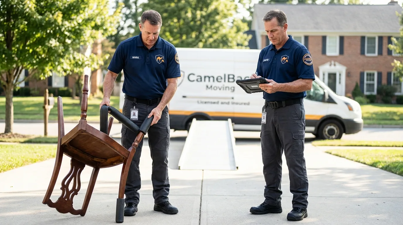 Movers inspecting furniture for damage prevention before loading in Walnut, IL