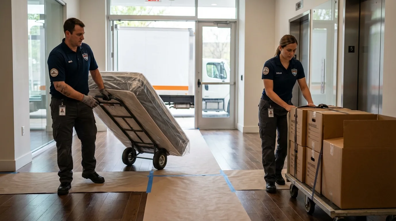 Professional apartment movers loading elevator in Walnut, IL