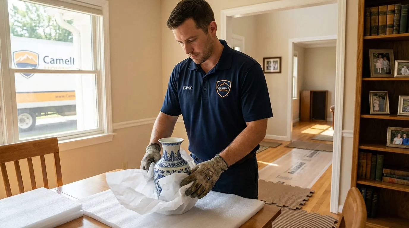 Professional crew carefully wrapping antique vase for senior downsizing move in Walnut, IL